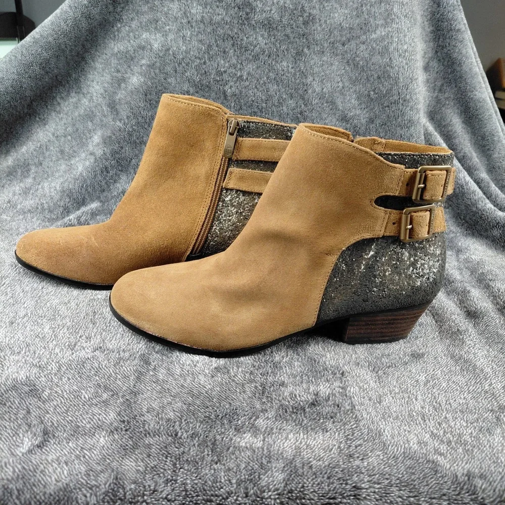 Vince Camuto Tan Suede Glitter Ankle Boots Side Zip Buckle Detail‎ Women's 10B